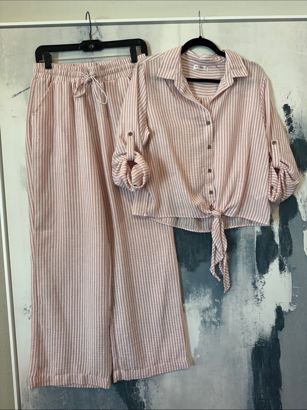 Ci Sono Pink & White Striped Tie-Front Shirt with Wide Leg Pants
